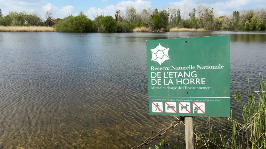Panneau vert avec écrit en blanc réserve naturelle nationale de l'étang de la horre avec l'étang derrière