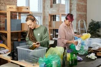 Des gens qui trient des bouteilles et des sacs plastique