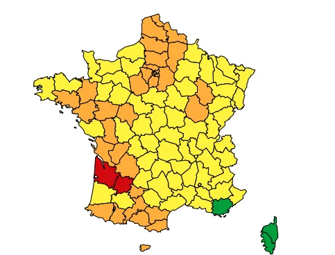 Vigilances actuellement en cours en France. - Carte Météo France